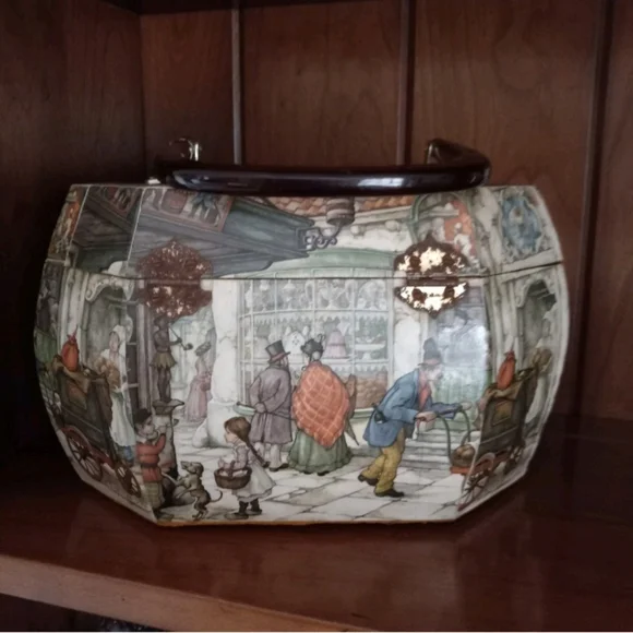 Vintage Victorian Decoupage Lucite Wood Tone Handle Trinket Box Handbag Purse - Picture 5 of 15